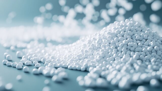 White chemical granules scattered on a surface, commonly used in the production of industrial plastics and resins, creating a textured pile.