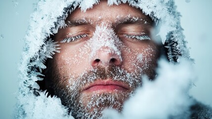 A detailed close-up image of a bearded man with ice crystals on his face, expressing endurance and resilience in extreme winter conditions.