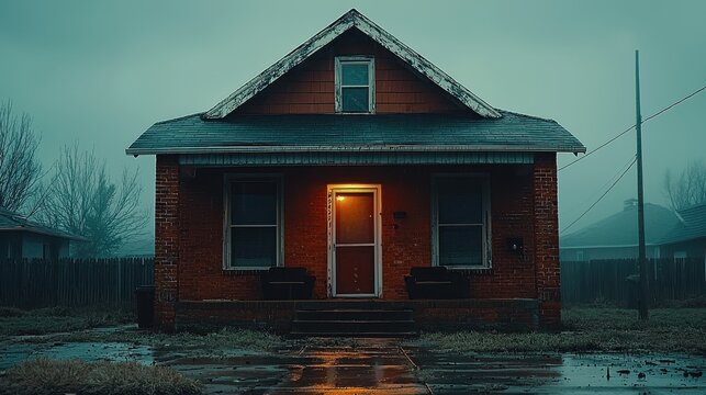 Mystical Foggy Night Brick Saltbox House Home Exterior