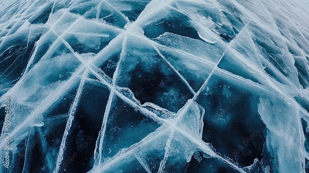 Poster a breathtaking close-up reveals the mesmerizing texture of a frozen lake surface. cracks spread acro