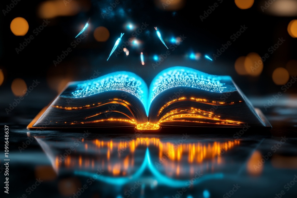 Poster a magical agenda book glowing with enchanted text, surrounded by floating quills and sparkling light