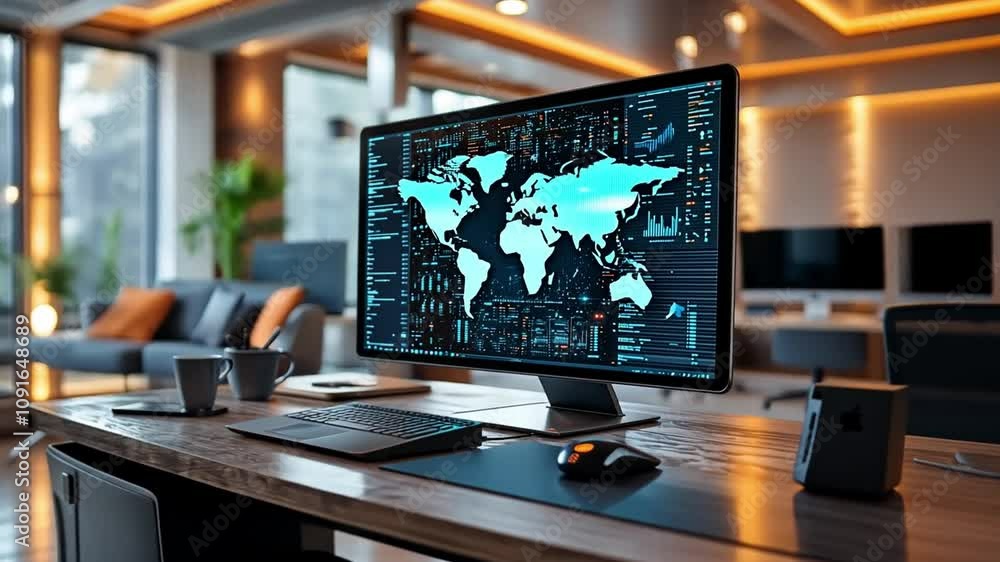 Poster Modern workspace with computer displaying global data analytics in a bright, stylish office setting
