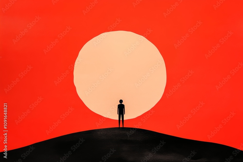Poster A minimalist design of a person standing on a hill, looking ahead at a rising sun, symbolized with simple shapes and gradients