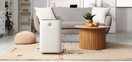 Interior of living room with sofa, table and air humidifier