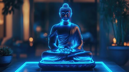 Buddha meditation statue glowing with vibrant blue neon light, symbolizing peace and tranquility, set against a calming indoor backdrop and surrounded by soft illumination.