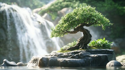 Fototapeta premium Serene Bonsai by Waterfall: A Tranquil Oasis