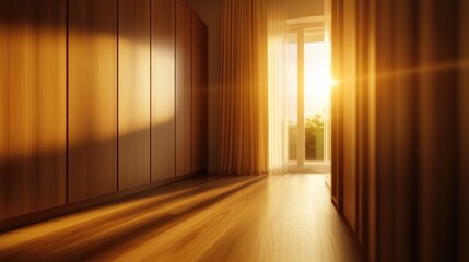 Warmly lit utility room showcasing sleek wooden wardrobe and sun-drenched wooden flooring, with soft curtains framing a bright window and inviting natural light.