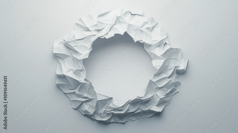 Poster abstract crumpled paper frame circular design 3d render white texture background