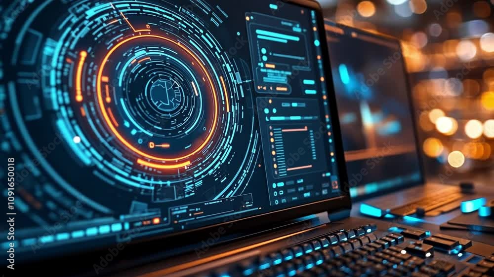 Aufkleber high-tech computer dashboard with vibrant visuals in a dimly lit modern workspace at night