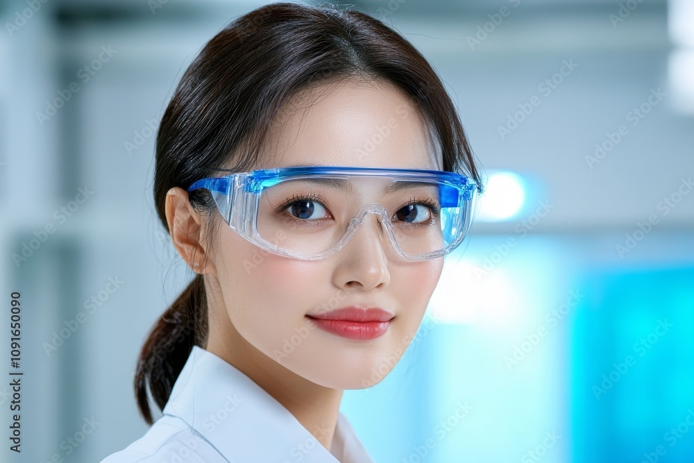Poster a scientist in a lab, looking ahead at a glowing experiment, symbolizing discovery and innovation