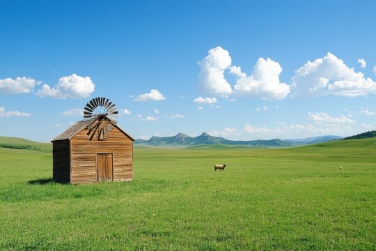 A serene rural landscape with a wooden windmill and grazing sheep in the distance