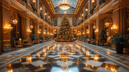A grand hotel lobby featuring a towering Christmas tree, sparkling chandeliers, marble floors, and luxurious, opulent holiday decor.