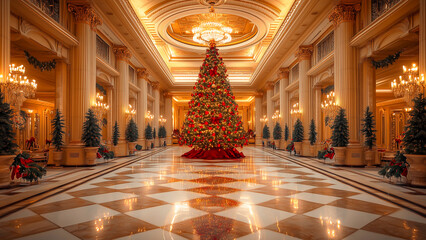 A grand hotel lobby featuring a towering Christmas tree, sparkling chandeliers, marble floors, and luxurious, opulent holiday decor.