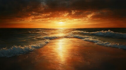 Obraz premium Sunset casting a golden glow over a tranquil beach, with gentle waves lapping at the shore.