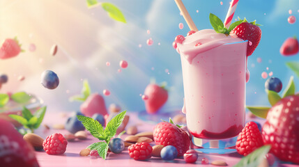 Pink Smoothie with Berries and Almonds in Dynamic Composition Under a Sunny Sky