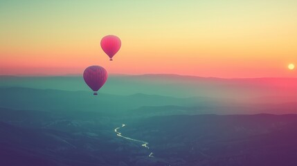 Fototapeta premium A serene digital lithograph capturing a solitary hot air balloon floating peacefully over a vast expanse of misty valleys at sunrise.