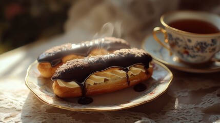 Classic French eclairs filled with creamy custard and drizzled in rich chocolate icing, served alongside a steaming cup of tea on an elegant china plate.