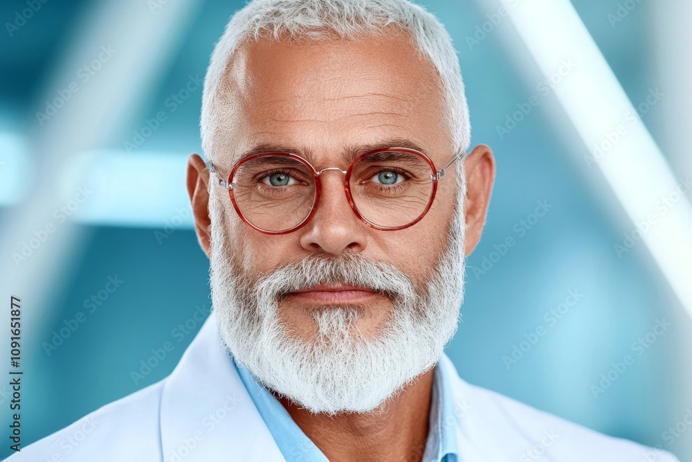 Poster aging scientist working in a lab, their face lit by the glow of equipment, proving that curiosity en