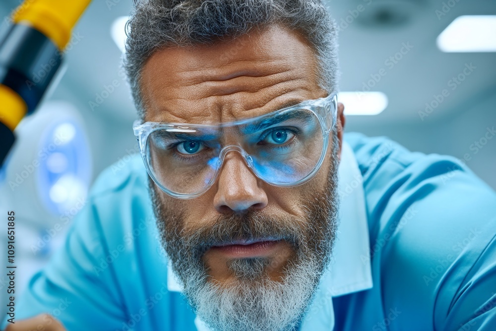 Poster aging scientist working in a lab, their face lit by the glow of equipment, proving that curiosity en