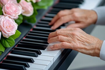 Fototapeta premium Aging woman playing the piano, her hands gracefully moving over the keys as music fills the room