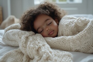 A serene moment capturing a young child peacefully napping under a soft, cream-colored knitted blanket. 