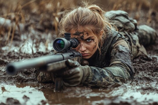 Female soldier aiming with sniper rifle in mud. Danger concept