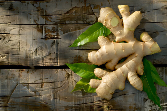 Fresh Ginger Roots with Green Leaves on Rustic Wooden Background Copy Space. Natural and Organic Concept for Food Blogs, Recipes, Health Websites, E-commerce, Packaging, Ads, Cookbooks, Social Media