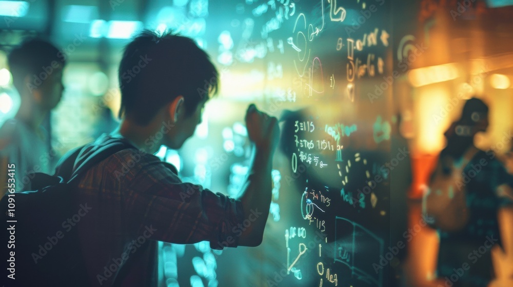 Poster fuzzy outlines of players intently studying cryptic symbols and codes on the walls.