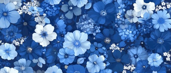 A dense floral pattern composed of various blue and white flowers creating a lush, romantic composition. The flowers range from deep navy to light blue and white, with delicate details. Generative AI