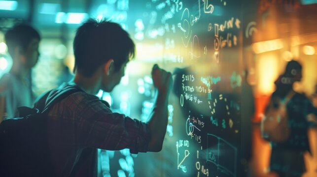 Fuzzy outlines of players intently studying cryptic symbols and codes on the walls.