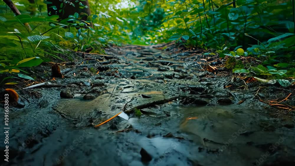 Aufkleber footprints in the mud on a forest path with fallen leaves, the rhythmic pattern of footprints on a f