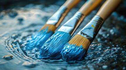 Fototapeta premium Three paintbrushes dipped in blue paint, creating ripples in water.