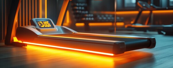 Obraz premium Treadmill with glowing digital display in modern gym.