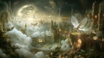 Fototapeta premium Epic Fantasy Cityscape Celestial Phoenix Moonlit Clouds Ancient Architecture