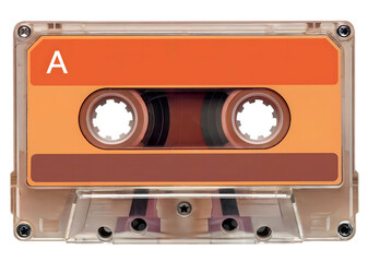 Obraz premium Photo of a Transparent Retro Cassette Tape with Vibrant Orange Label and Visible Magnetic Tape Reels