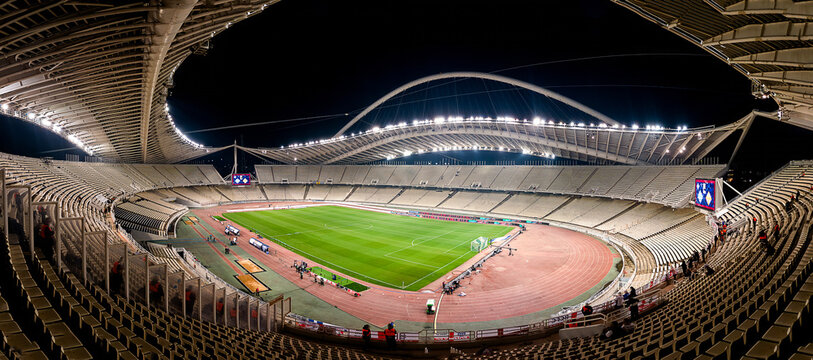 The Olympic Stadium at night in Marousi, Athens, Greece