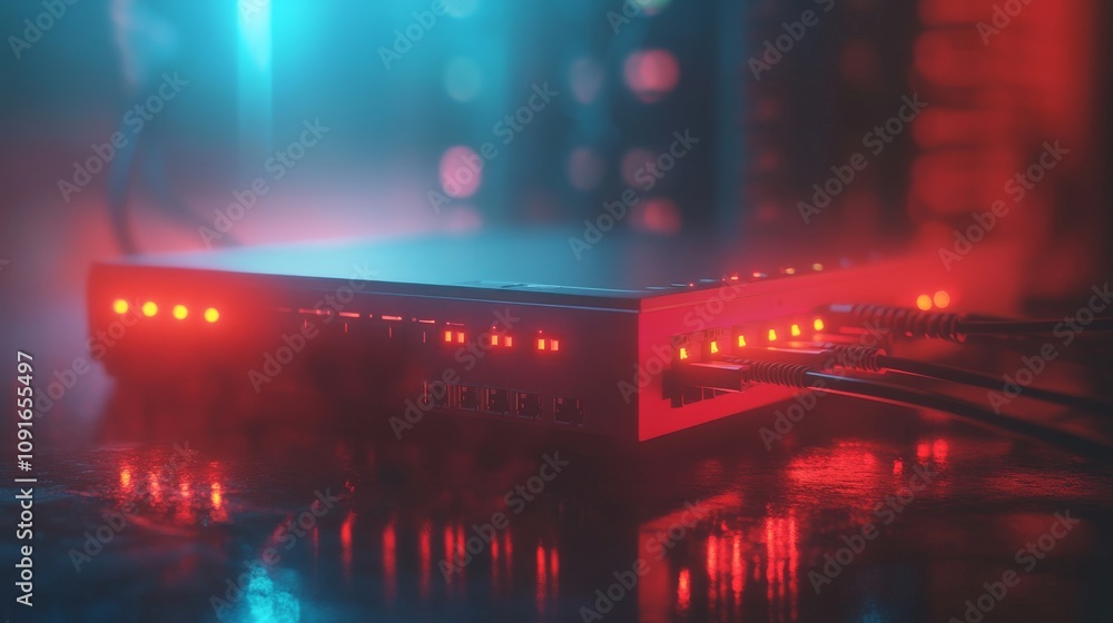 Poster network switch illuminated in red and blue light