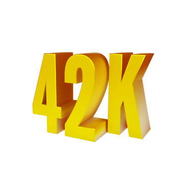Golden 42K isolated on white background. Thank you for 42k followers. 3d render.