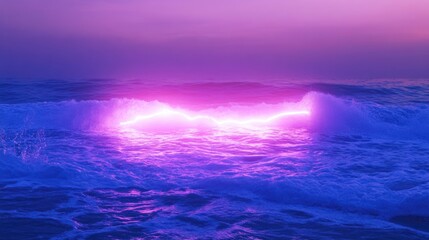 Obraz premium Vibrant Neon Light Casting a Dreamy Glow Over Serene Ocean Waves at Dusk, Creating a Tranquil Atmosphere with Soft Purple and Pink Hues in the Sky