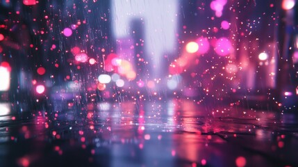 Obraz premium City skyline illuminated at dusk with vibrant bokeh lights reflected on wet pavement, creating a dreamy, abstract atmosphere in the rain.