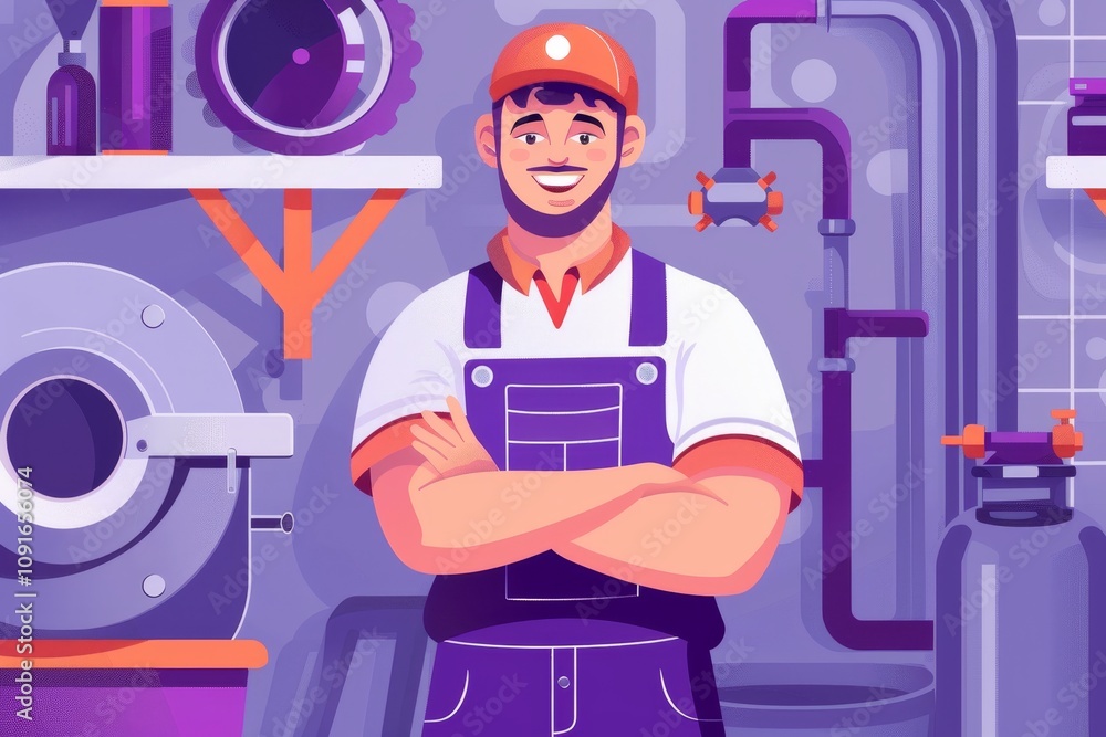Poster the mechanic, dressed in overalls and a cap, stands proudly with crossed arms amidst an array of too