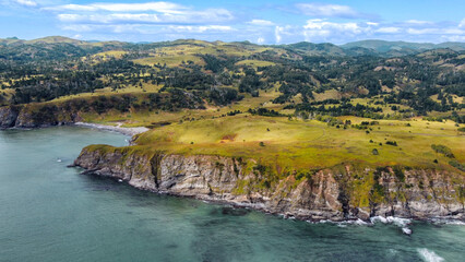 Aerial view of an Unnamed bay on the island of Shikotan, Kuril Islands.