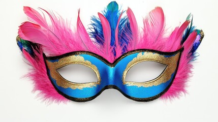 Vibrant carnival mask decorated with feathers in pink and blue hues, featuring an empty space for personalization or customizable text