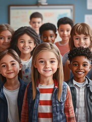 Obraz premium Happy diverse junior school students children group looking at camera standing in classroom. Smiling multiethnic cool kids boys and girls friends posing for group portrait together.
