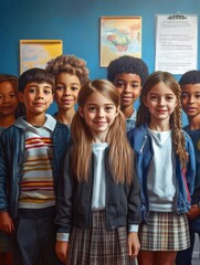 Obraz premium Happy diverse junior school students children group looking at camera standing in classroom. Smiling multiethnic cool kids boys and girls friends posing for group portrait together.