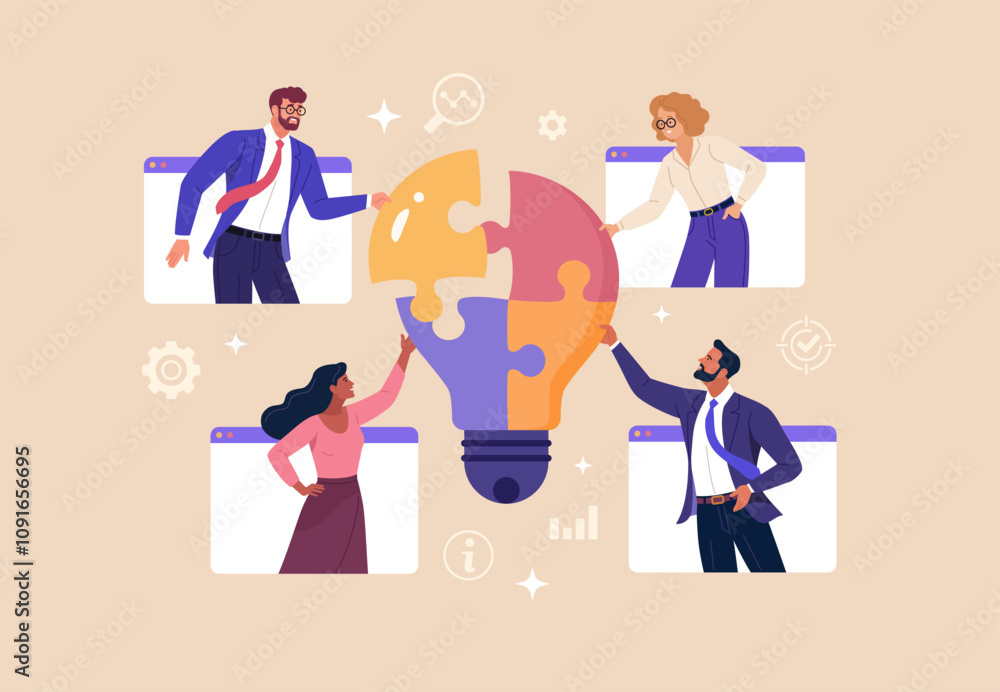 Aufkleber Online Business Discussion Concept. Vector illustration of a group of diverse people in web windows assembling a light bulb puzzle. Isolated on background 