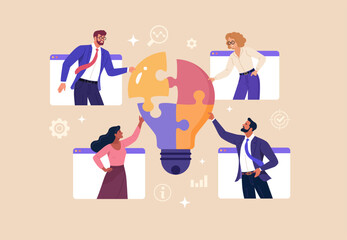 Online Business Discussion Concept. Vector illustration of a group of diverse people in web windows assembling a light bulb puzzle. Isolated on background 