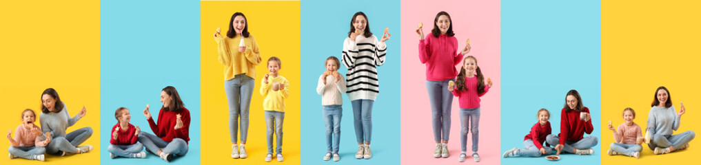 Obraz premium Collage of young mother and her daughter with tasty cookies on color background