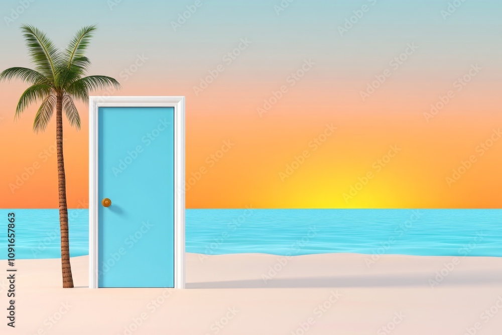 Poster Ajar door drawn in minimalist geometry, a rectangle ajar with light rays in a gradient background
