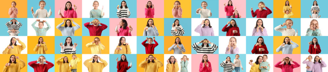 Obraz premium Big collage of young woman and little girl with tasty cookies on white and color backgrounds